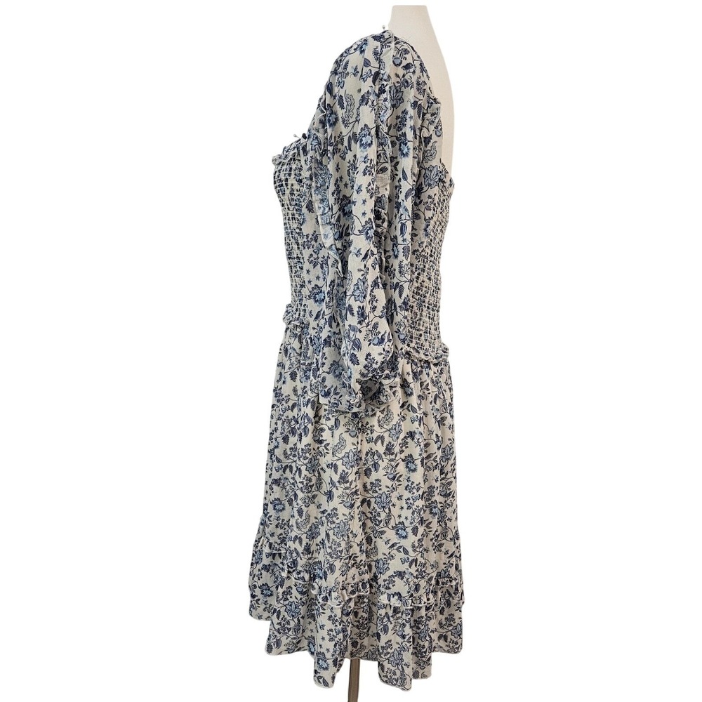 Super Natural Puff Sleeve Mini Dress L Blue Floral Smocked Peasant Cottage - Picture 6 of 15
